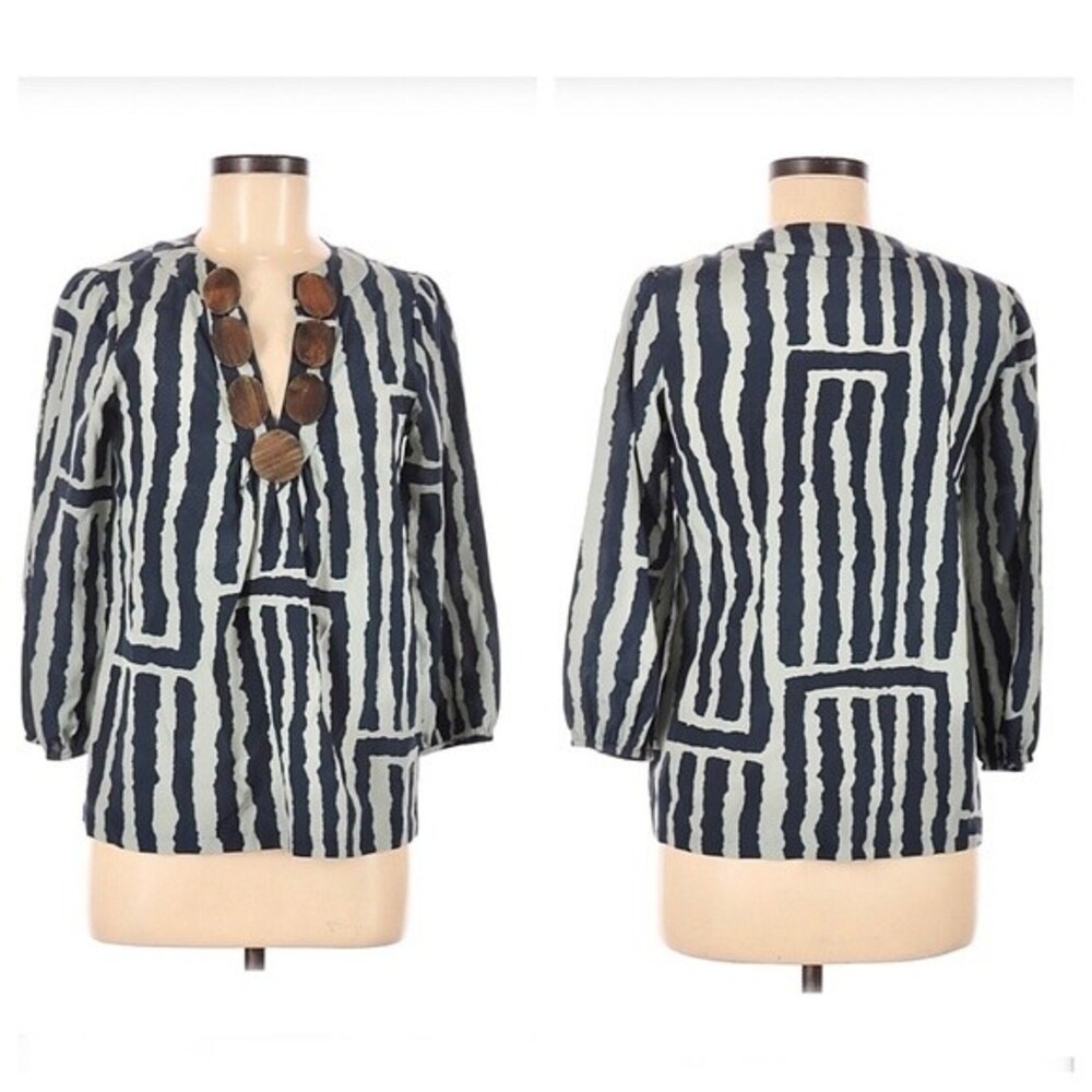 Tibi Silk Tunic Striped Beaded Embellished Blue Top Blouse 3/4 Sleeves Tribal 2